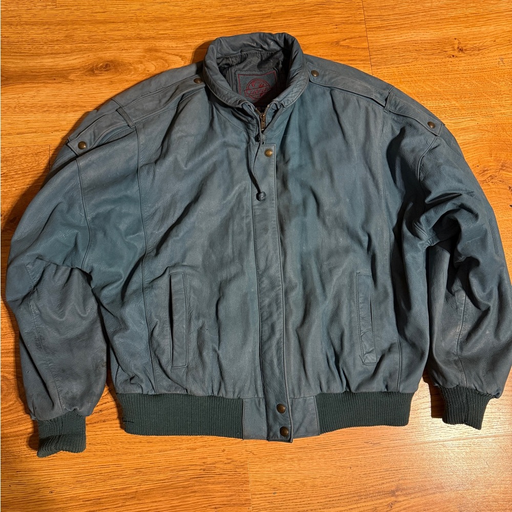 Vintage Cayenne Bomber Jacket Mens XL Teal Leather Flight Aviator Map 90s